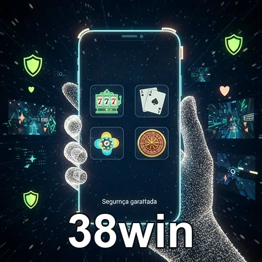 Imagem de celular com app 38win, destacando segurança e jogo móvel